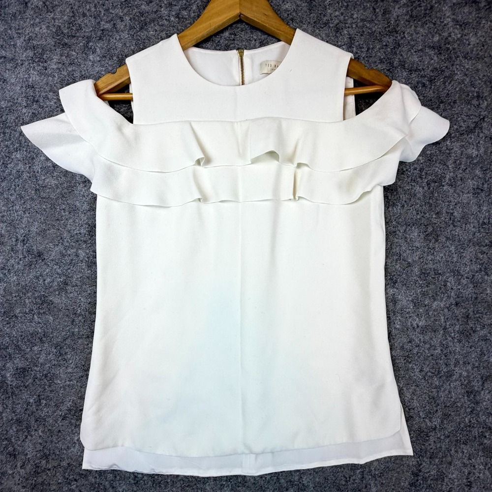 Ted Baker Hopee Ruffle Top Womens 1 White Cold Shoulder Back Zip Office Siren